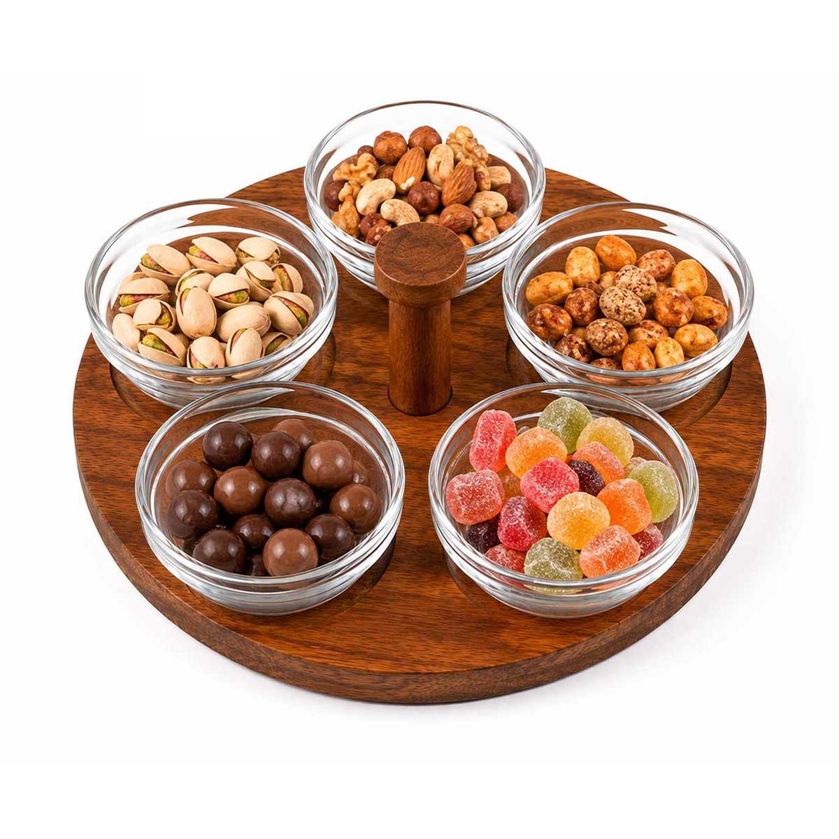 Glozini Glazen Schaaltjes Set met Houten Serveerplank - 6-delig - Glas/Hout