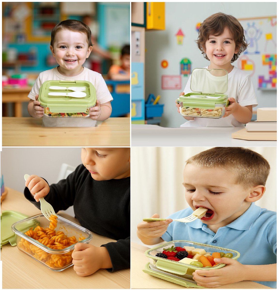 Cheffinger Lunchbox with Cutlery - Glass - Green - Bento Box - Multifunctional For Work and School - Meal Prep Container