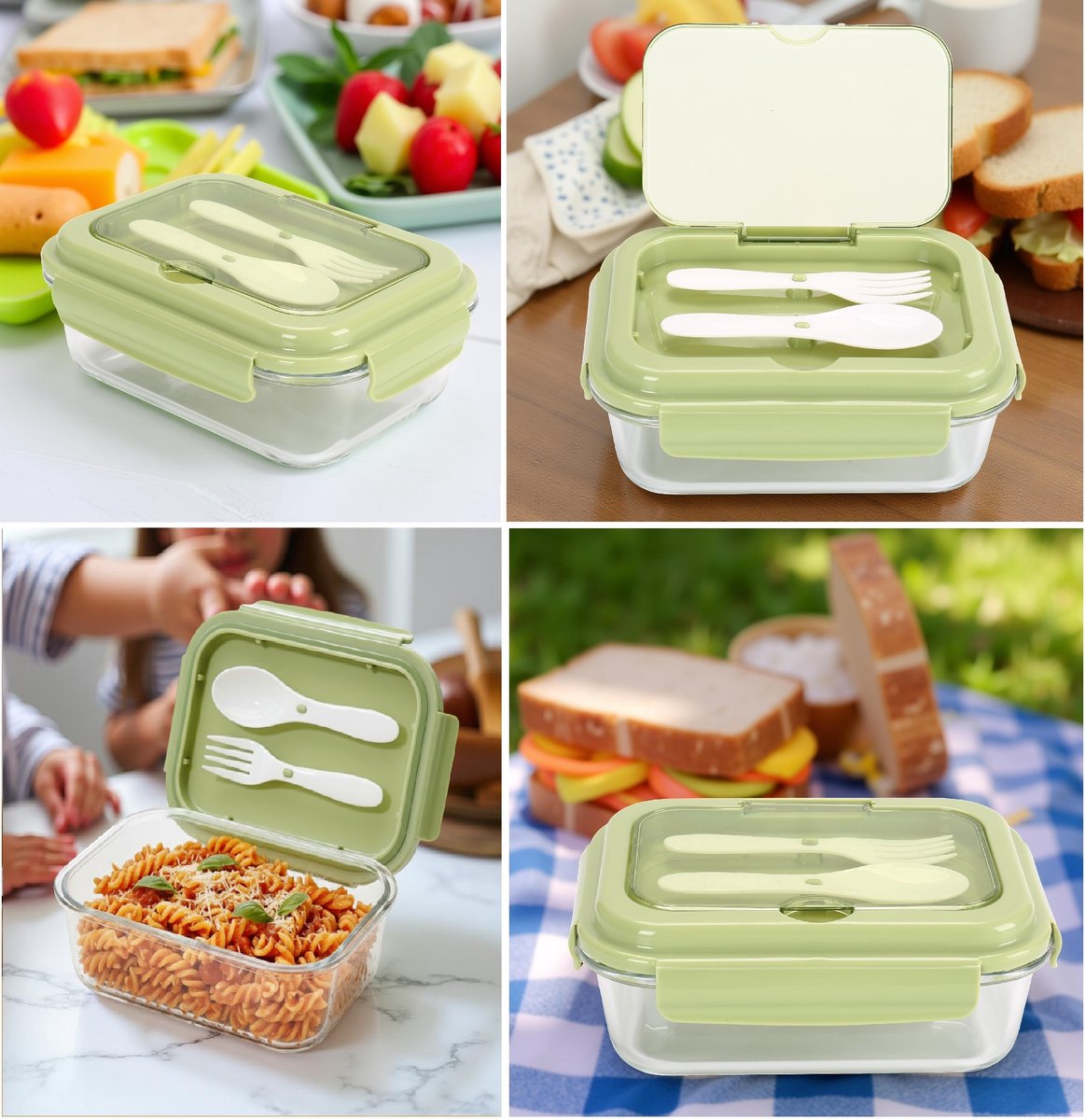 Cheffinger Lunchbox with Cutlery - Glass - Green - Bento Box - Multifunctional For Work and School - Meal Prep Container