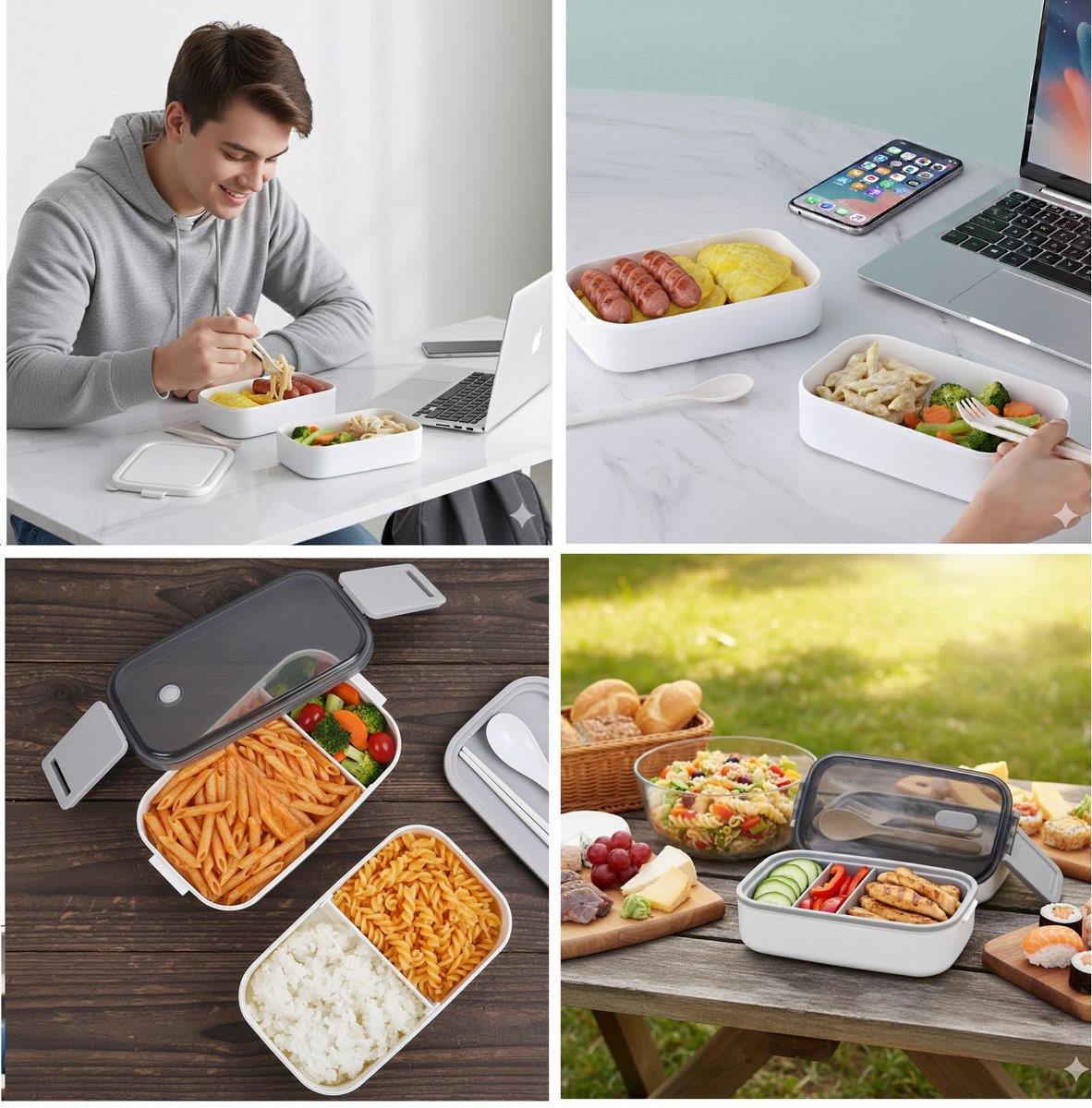 Cheffinger Lunchbox with Cutlery - White - Bento Box - Multifunctional For Work and School - Meal Prep Container