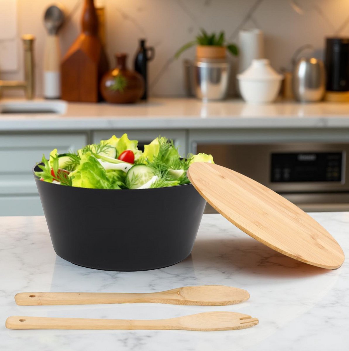 Cheffinger Salatschüssel-Set – 4-teilig – Bambus – Salatschüssel – Inkl. Servierlöffel & Gabel