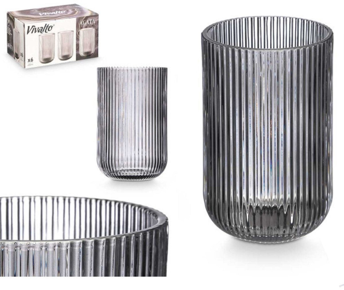 Vivalto Gerippte Longdrinkgläser - 6er Set - Schwarz - 430ml - Wassergläser - Saftgläser