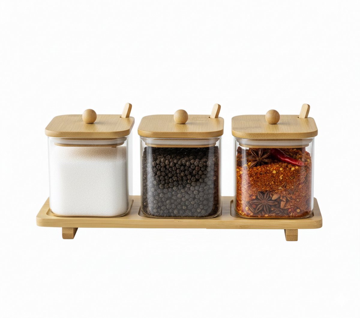 Cheffinger Spice Rack with 3 Glass Jars and Spoons - Bamboo