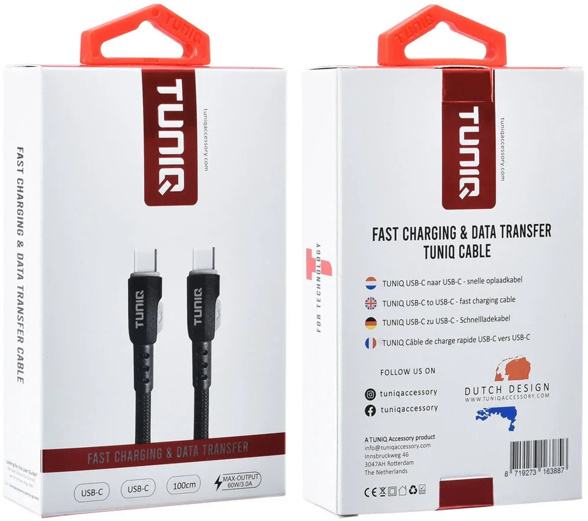 TUNIQ USB-C auf USB-C Kabel – 100 cm – Schnellladekabel – Schwarz