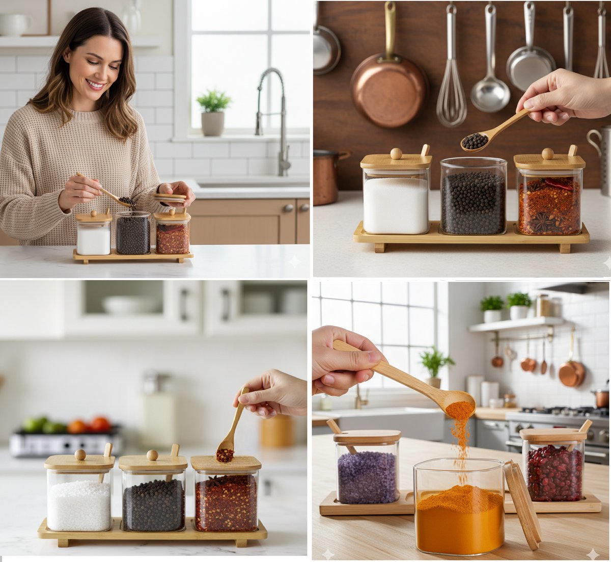Cheffinger Spice Rack with 3 Glass Jars and Spoons - Bamboo