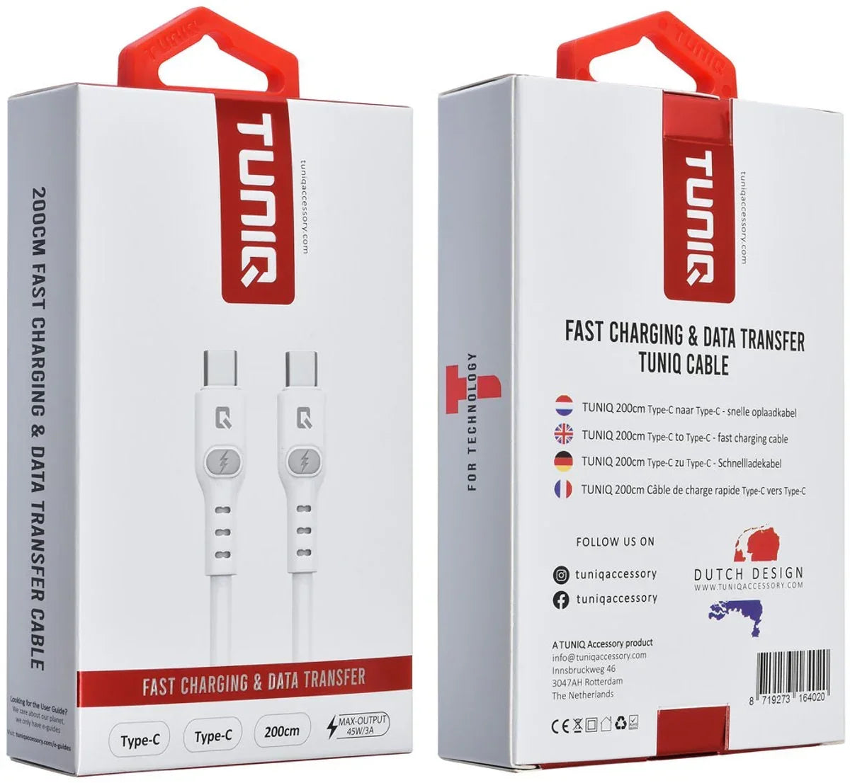 TUNIQ USB-C auf USB-C Kabel – 200cm – Schnelles Ladekabel – Weiß