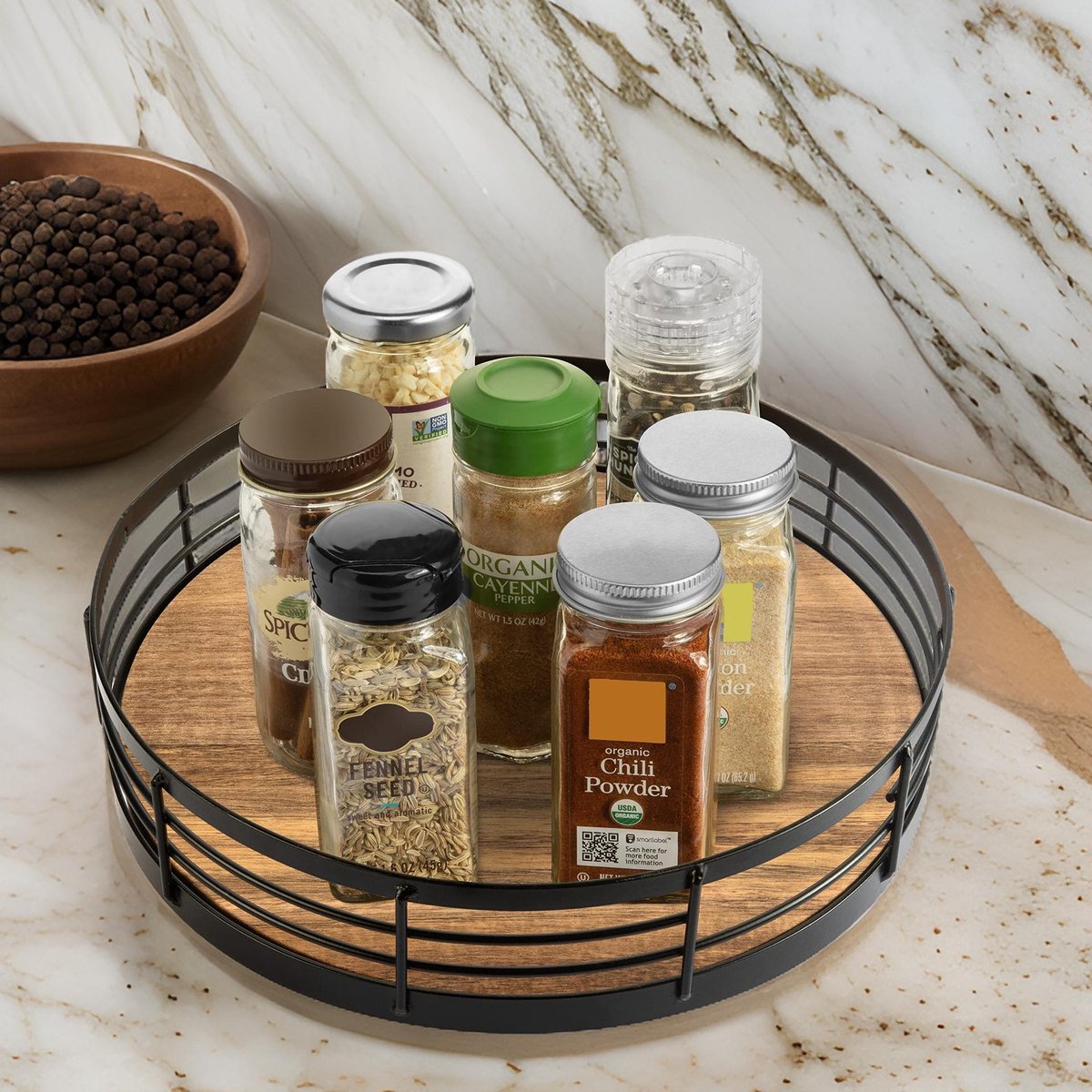 Cheffinger Rotating Tray - 26cm - Kitchen Organizer - Kitchen Rack - Spice Rack - Rotatable - Black - Wood