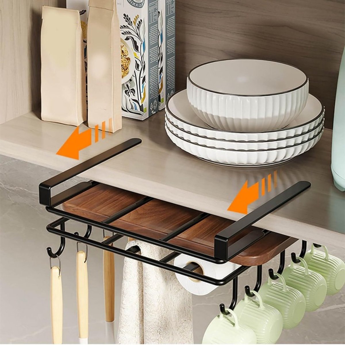 Hauskraft Ophangbeugel met Haken voor Kast - Snijplank Plank Houder - Keukenorganizer - Zwart - TEKZEN