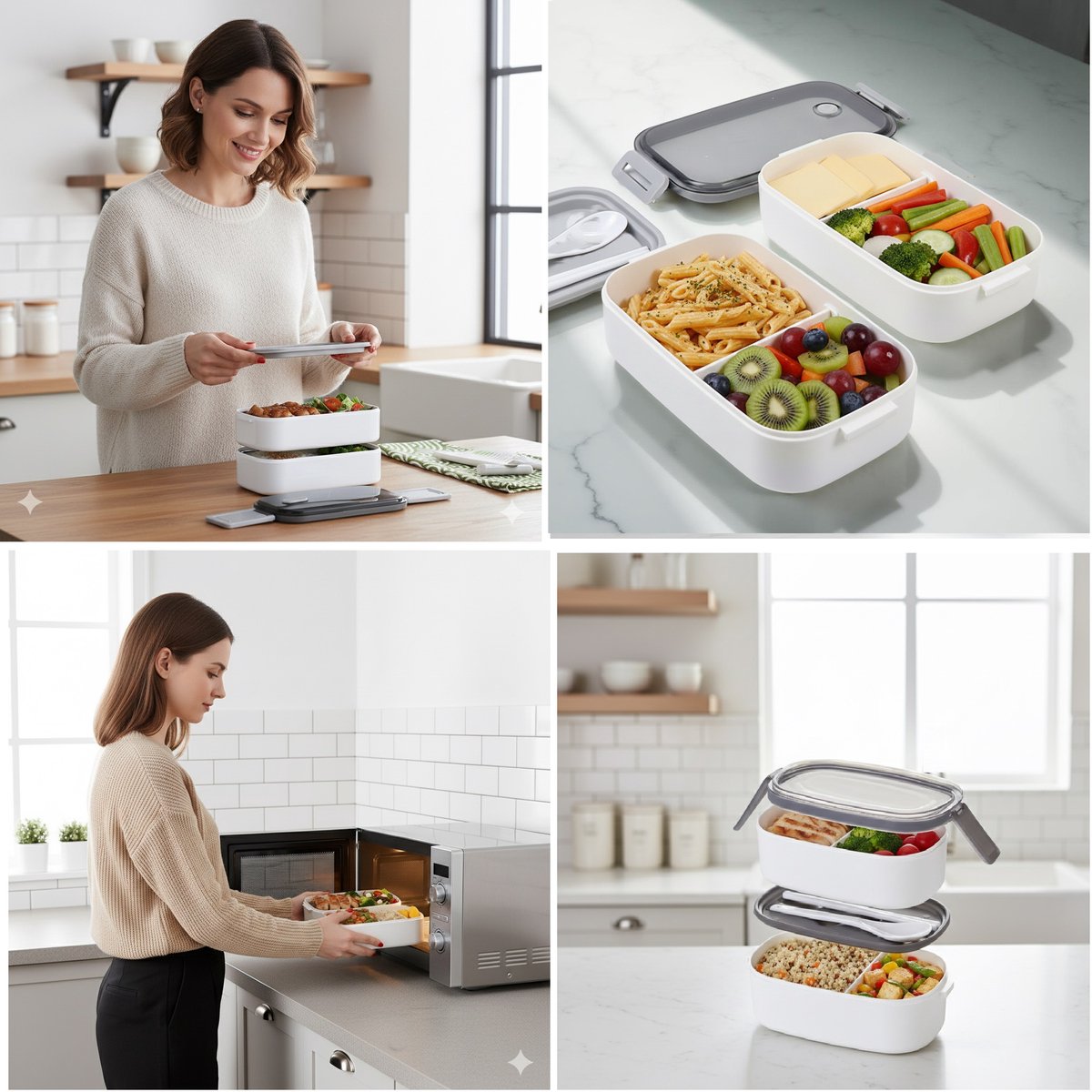 Cheffinger Lunchbox with Cutlery - White - Bento Box - Multifunctional For Work and School - Meal Prep Container