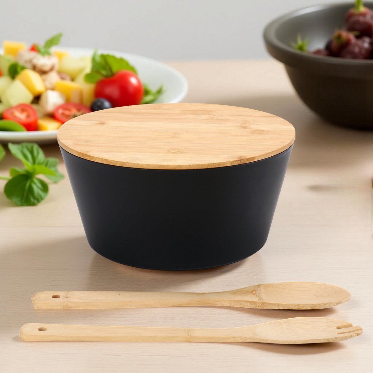 Cheffinger Salatschüssel-Set – 4-teilig – Bambus – Salatschüssel – Inkl. Servierlöffel & Gabel
