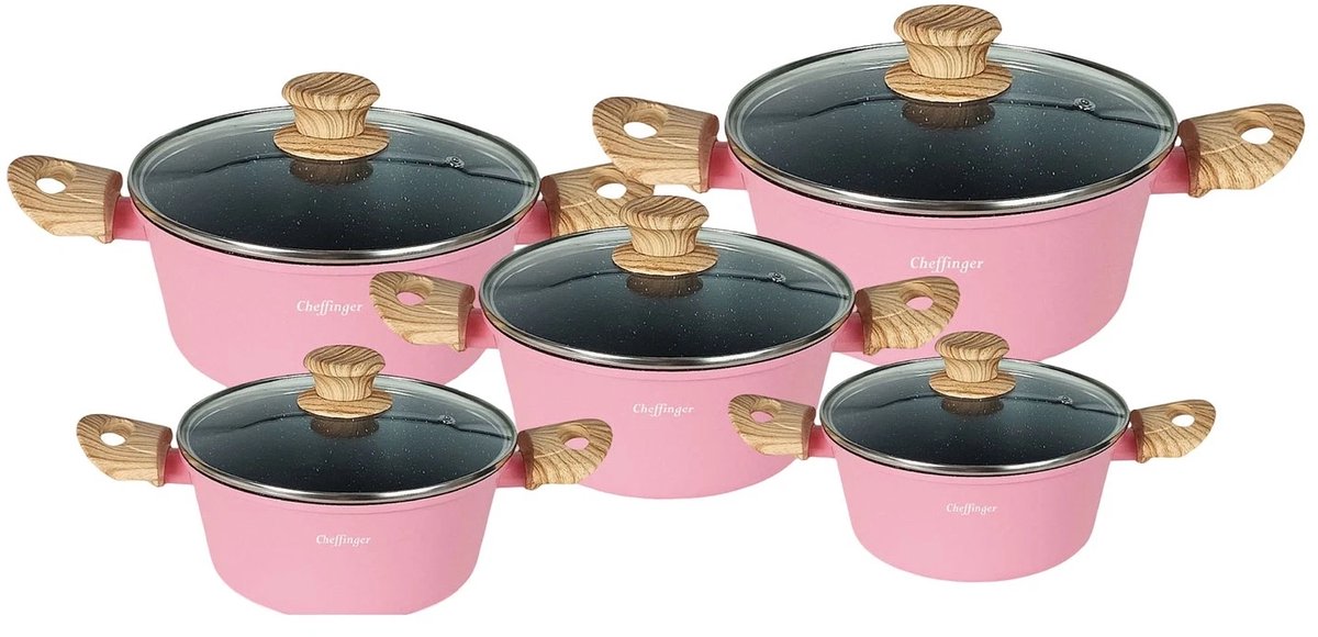 Cheffinger Topfset - 10-teilig - Rosa - Induktion - Mit Glasdeckeln