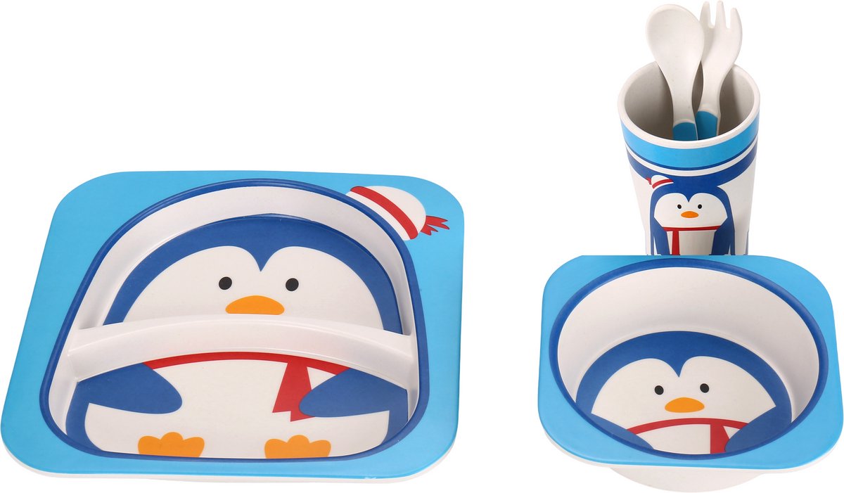 Cheffinger Kindergeschirr - Pinguin - Bambus - 5-teilig - Blau - Babyservice - Kinderbesteck