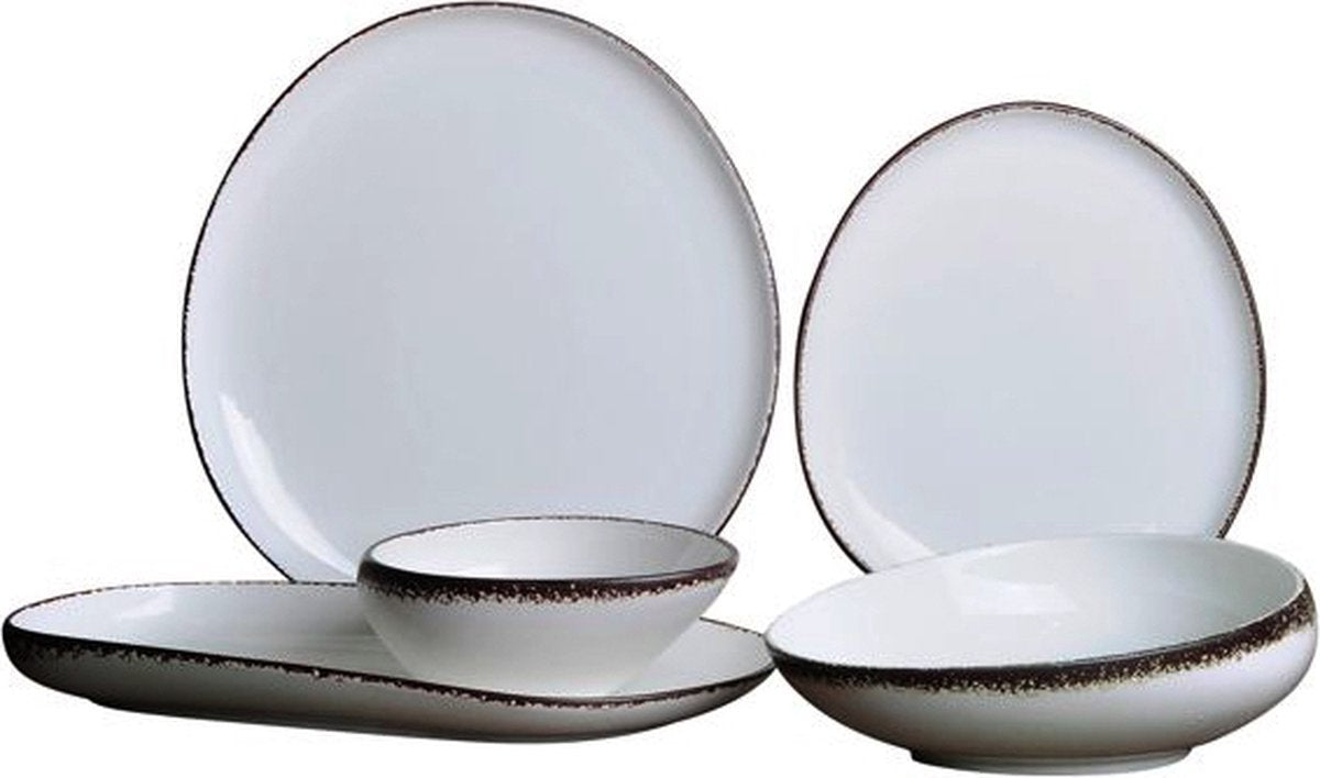 Bricard Royan - Porzellan-Geschirrset - Dinner Set - 25-teilig - 6 Personen - Weiß/Braun