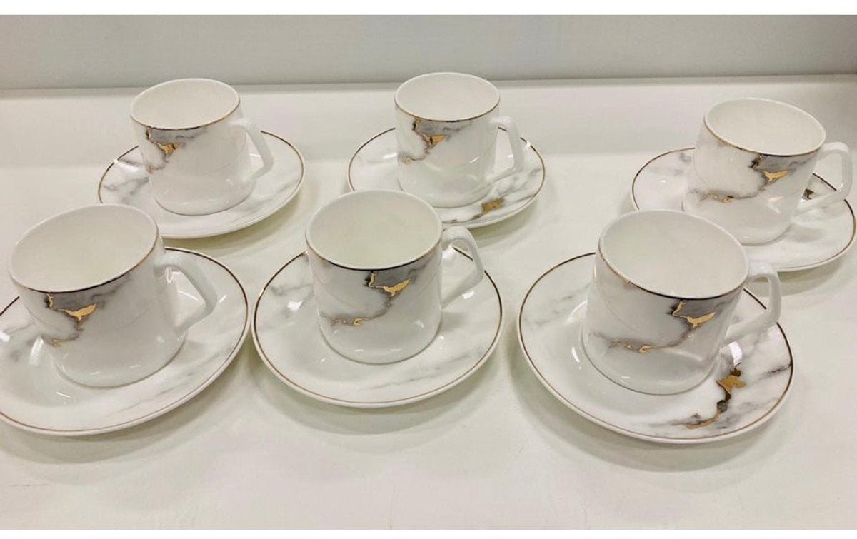 Bricard Drancy Coffee Set - 12-Piece - White/Marble - Coffee Cups and Saucers