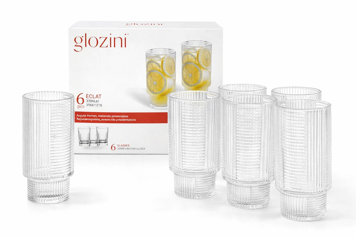 Glozini Eclat - Ribbed Long Drink Glasses - 330ml - Stackable - Set of 6 - Matcha Glasses - Latte Glasses - Cocktail Glasses