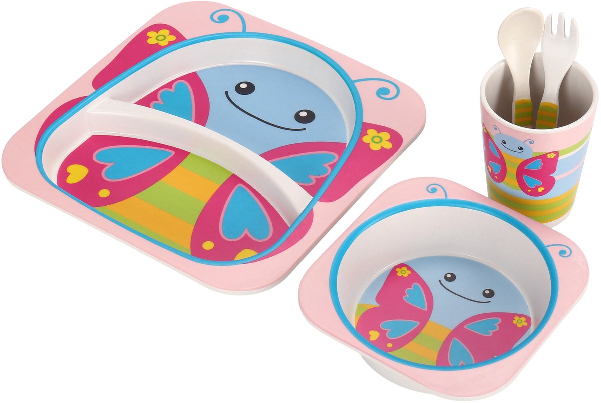 Cheffinger Kindergeschirr - Schmetterling - Rosa - 5-teilig - Blau - Babygeschirr - Kinderbesteck