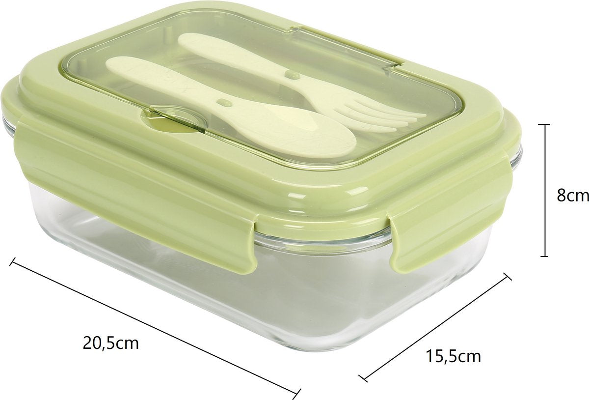 Cheffinger Lunchbox mit Besteck - Glas - Grün - Bentobox - Multifunktional für Arbeit und Schule - Meal Prep Behälter