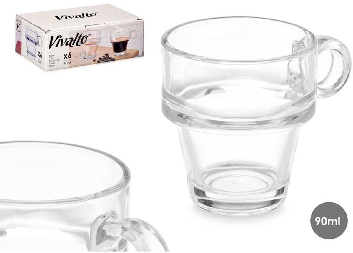 Vivalto Espresso Cup - Set of 6 - Stackable - 90ml - Espresso Glass - Small Coffee Glass