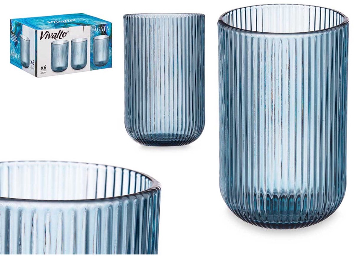 Vivalto Ribbed Long Drink Glasses - Set of 6 - Blue - 430ml - Water Glasses - Juice Glasses