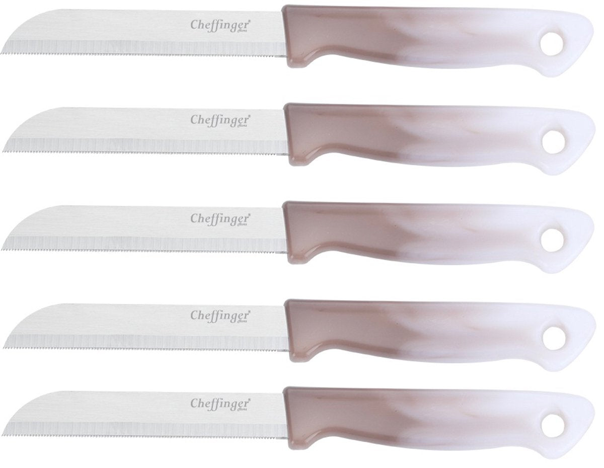 Cheffinger Schälmesserset – Edelstahl glatt – 18 cm – Braun – 5 Stück – Schälmesser