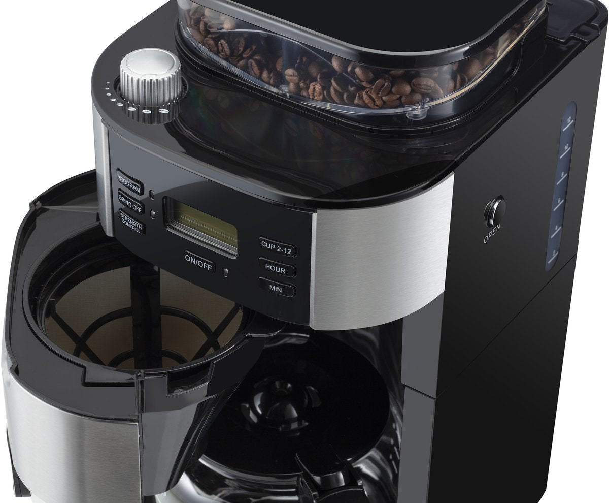 Arzum Brewtime Fresh Grind - Silber/Schwarz - Filterkaffeemaschine - Integrierte Kaffeemühle - 1050W - 1.5 L