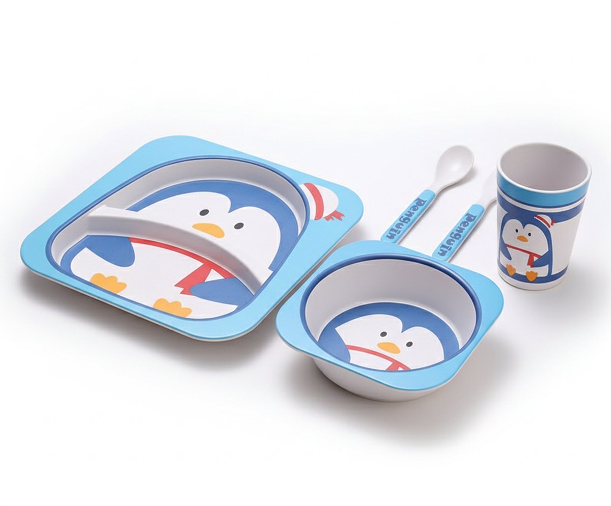 Cheffinger Children's Dinnerware Set - Penguin - Bamboo - 5-piece - Blue - Baby Dinnerware - Children's Cutlery