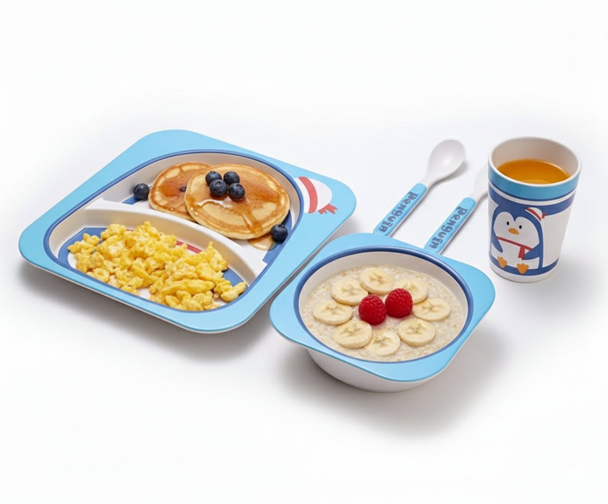 Cheffinger Children's Dinnerware Set - Penguin - Bamboo - 5-piece - Blue - Baby Dinnerware - Children's Cutlery