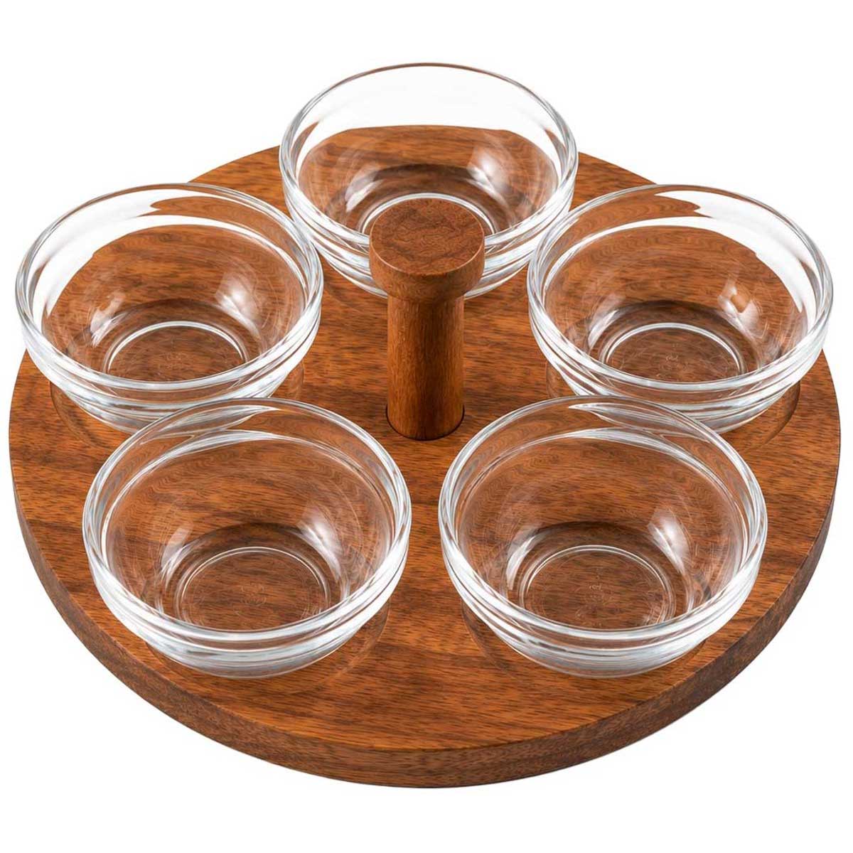 Glozini Glazen Schaaltjes Set met Houten Serveerplank - 6-delig - Glas/Hout