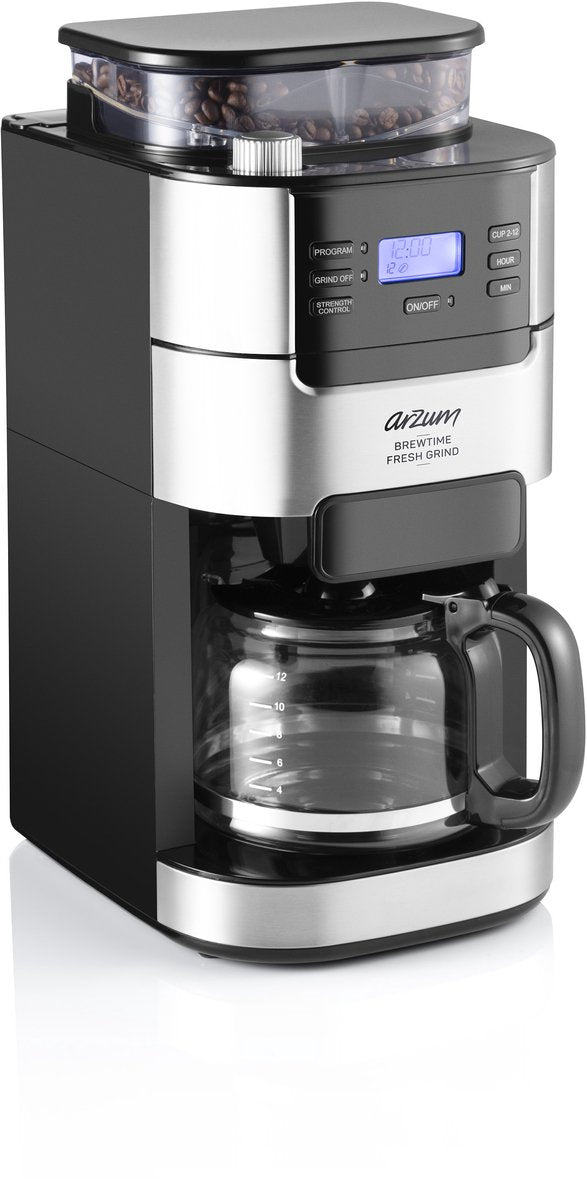 Arzum Brewtime Fresh Grind - Silber/Schwarz - Filterkaffeemaschine - Integrierte Kaffeemühle - 1050W - 1.5 L