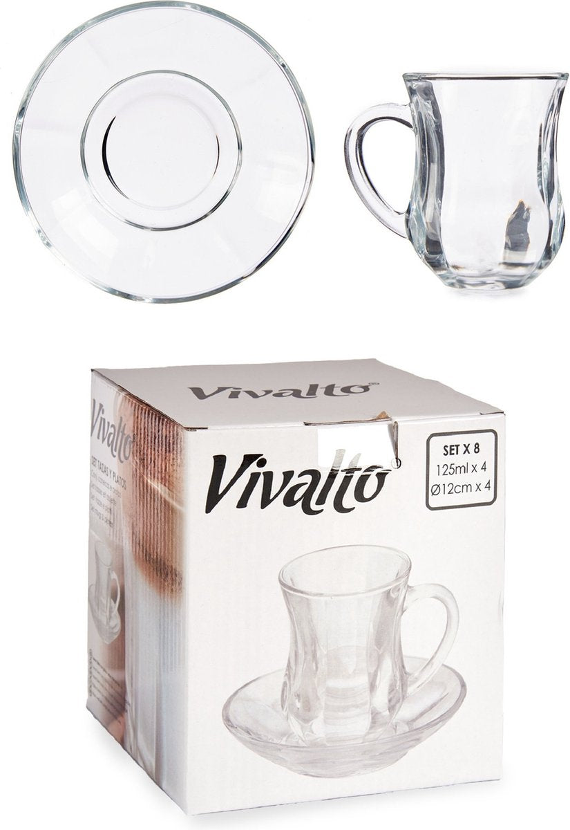 Vivalto Teeglas mit Untertasse und Henkel – 125ml – 4er Set – Türkische Teegläser