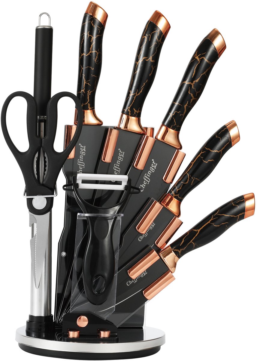 Cheffinger Messerset mit Ständer - 9-teilig - Schwarz / Roségold
