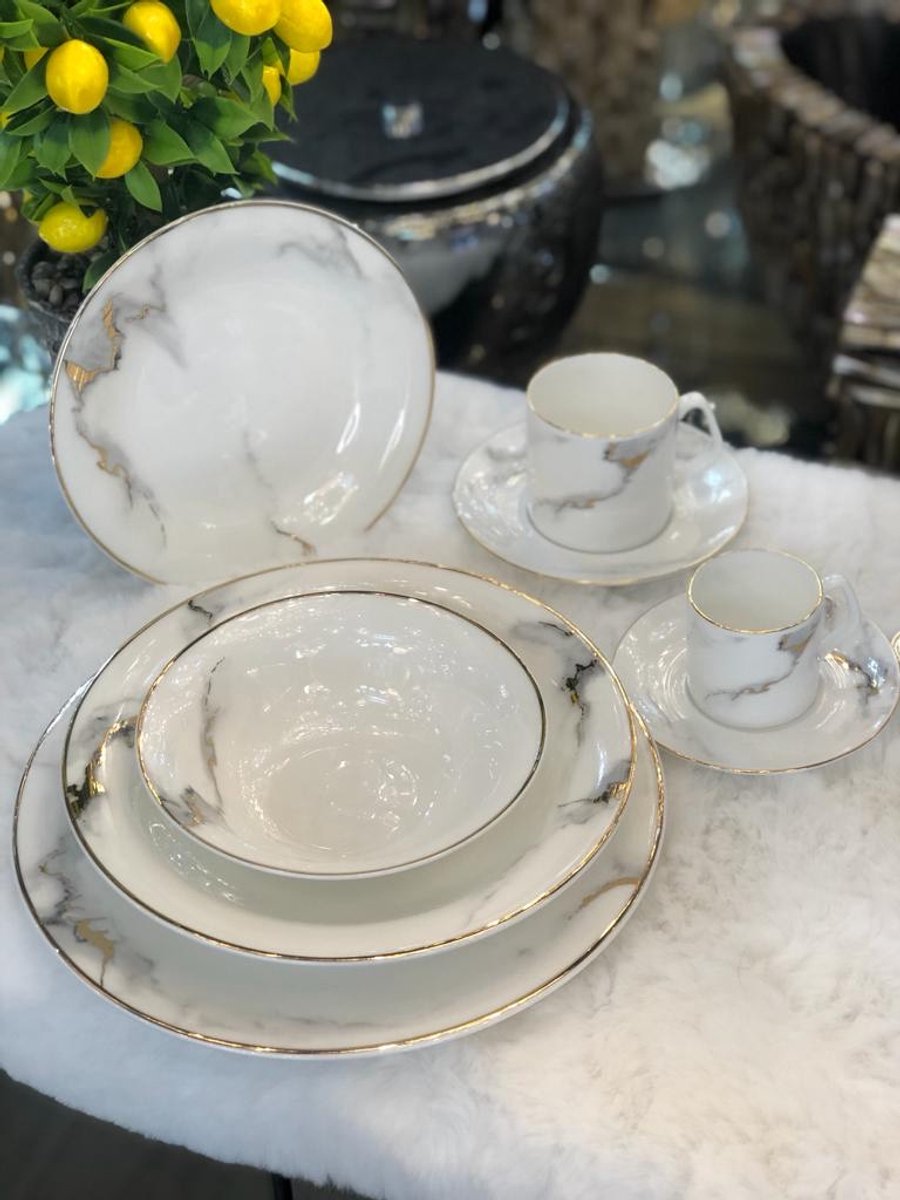 Bricard Drancy Coffee Set - 12-Piece - White/Marble - Coffee Cups and Saucers