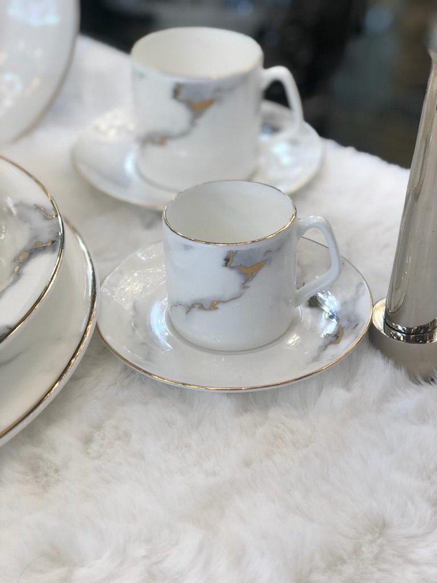 Bricard Drancy Coffee Set - 12-Piece - White/Marble - Coffee Cups and Saucers