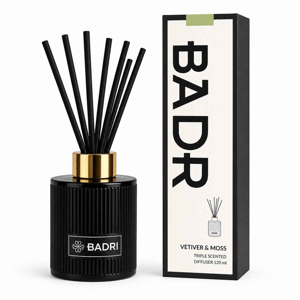 BADRI Geurstokjes Vetiver & Moss 120ML - Luxe Reed Diffuser - Geur voor Woonkamer & Badkamer