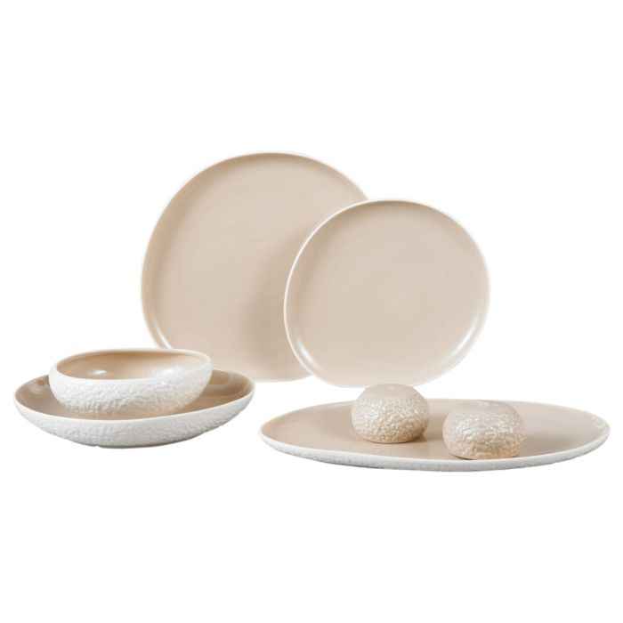 Bricard Barles Stone - Porseleinen Dinner Set - Serviesset - 27-delig - 6-Persoons - Wit/Taupe - Japandi