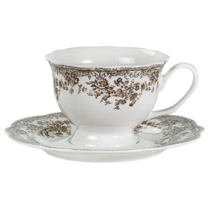 Bricard Fleury - Vintage Koffieset - 12-delig - Bruin/Wit - 225ml - Porselein - Koffie Kopjes en Schoteltjes