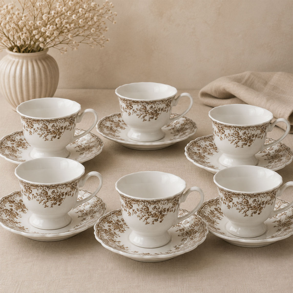 Bricard Fleury - Vintage Koffieset - 12-delig - Bruin/Wit - 225ml - Porselein - Koffie Kopjes en Schoteltjes