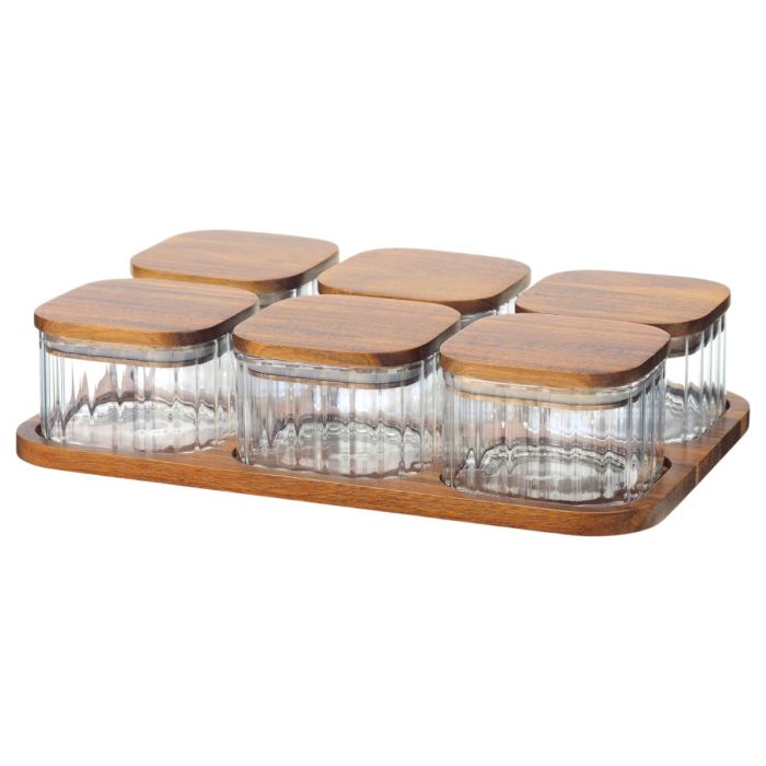 Bricard Glazen Vershoudbakjes - 7-delig - Acacia Hout - BPA-Vrij - Glas