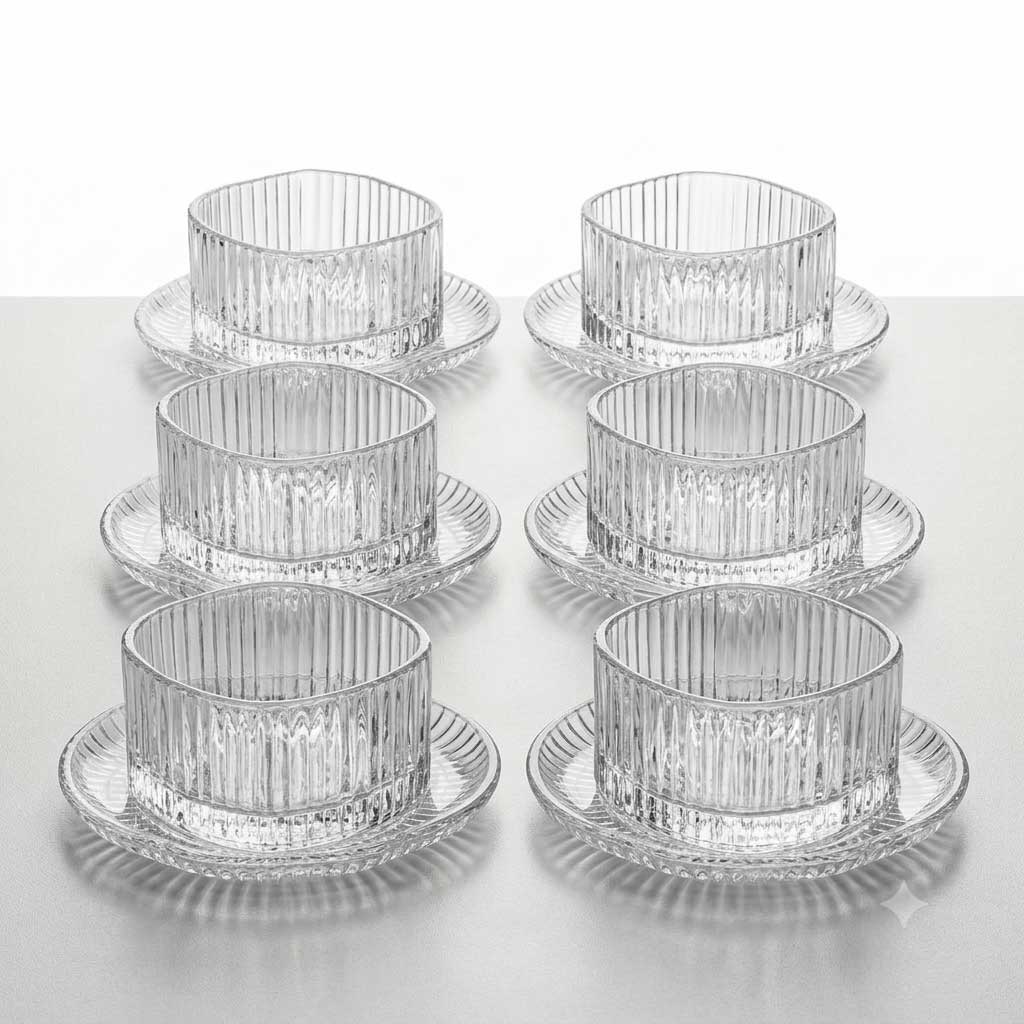 Bricard Ronda Lines Schaaltjes met Schotel - Ø11 cm - 12-delig - Geribbeld Glas