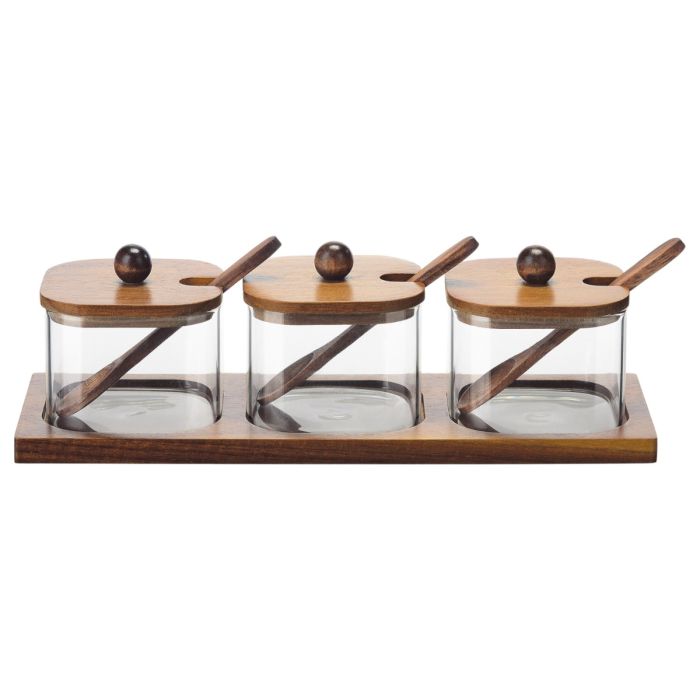 Bricard Saus & Kruidenpotjes Set - 3 Glazen Potjes met Acacia Houten Lepeltjes en Tray