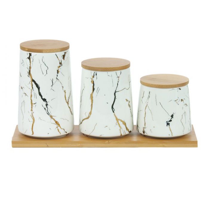 Bricard Voorraadpotjes - 3-delig - Bamboe Dienblad - Wit Marmerlook