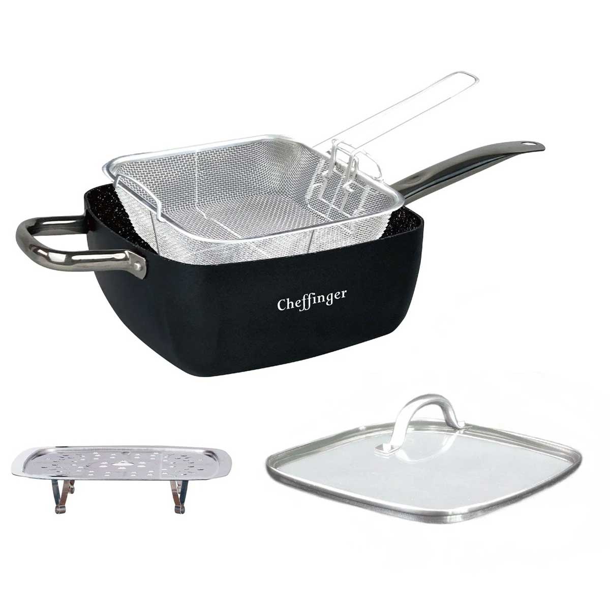 Cheffinger Frituurpan met Deksel - 24cm - Zwart - Inductie