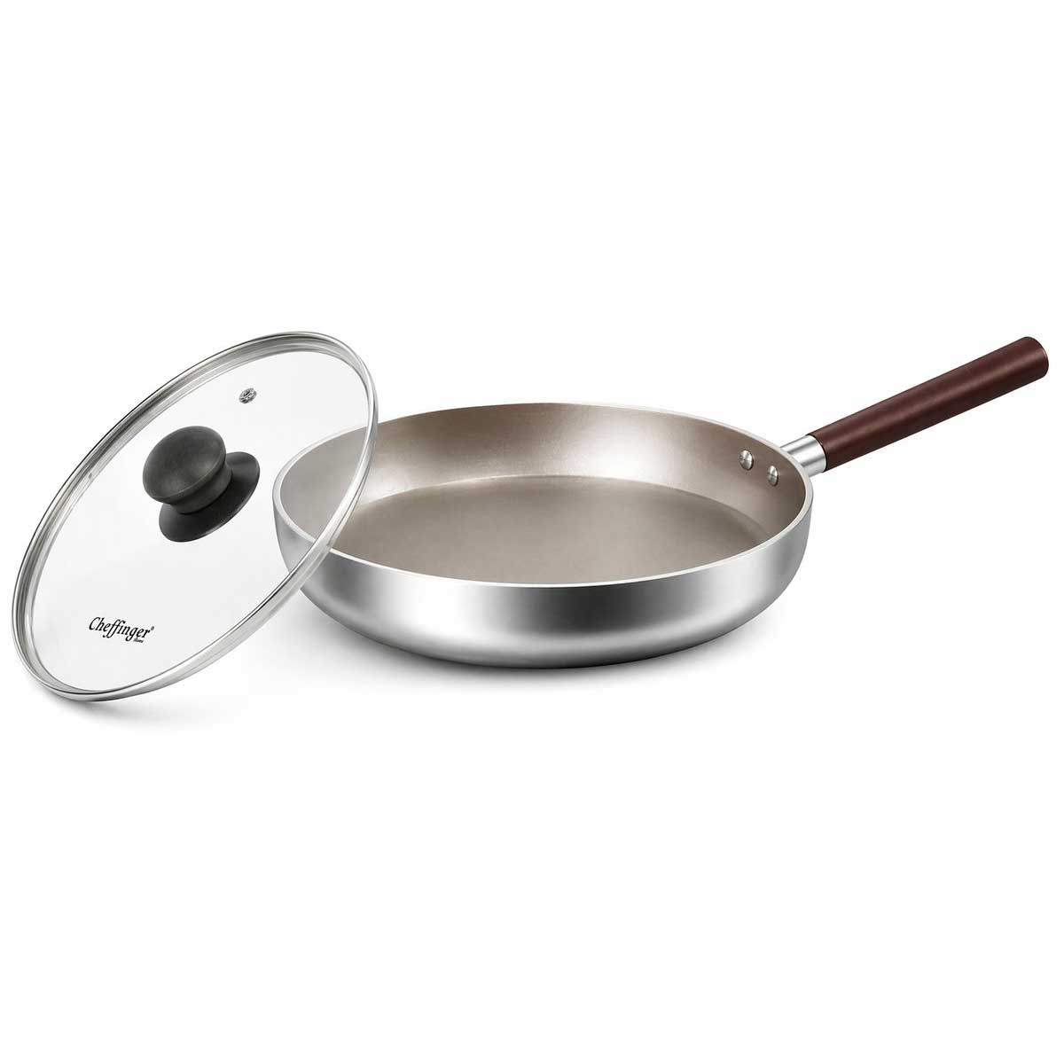 Cheffinger Koekenpan met Deksel - 24cm - Honingraat Antikras - Super Reliëf - Stof-Touch Handgreep met Houtlook - RVS