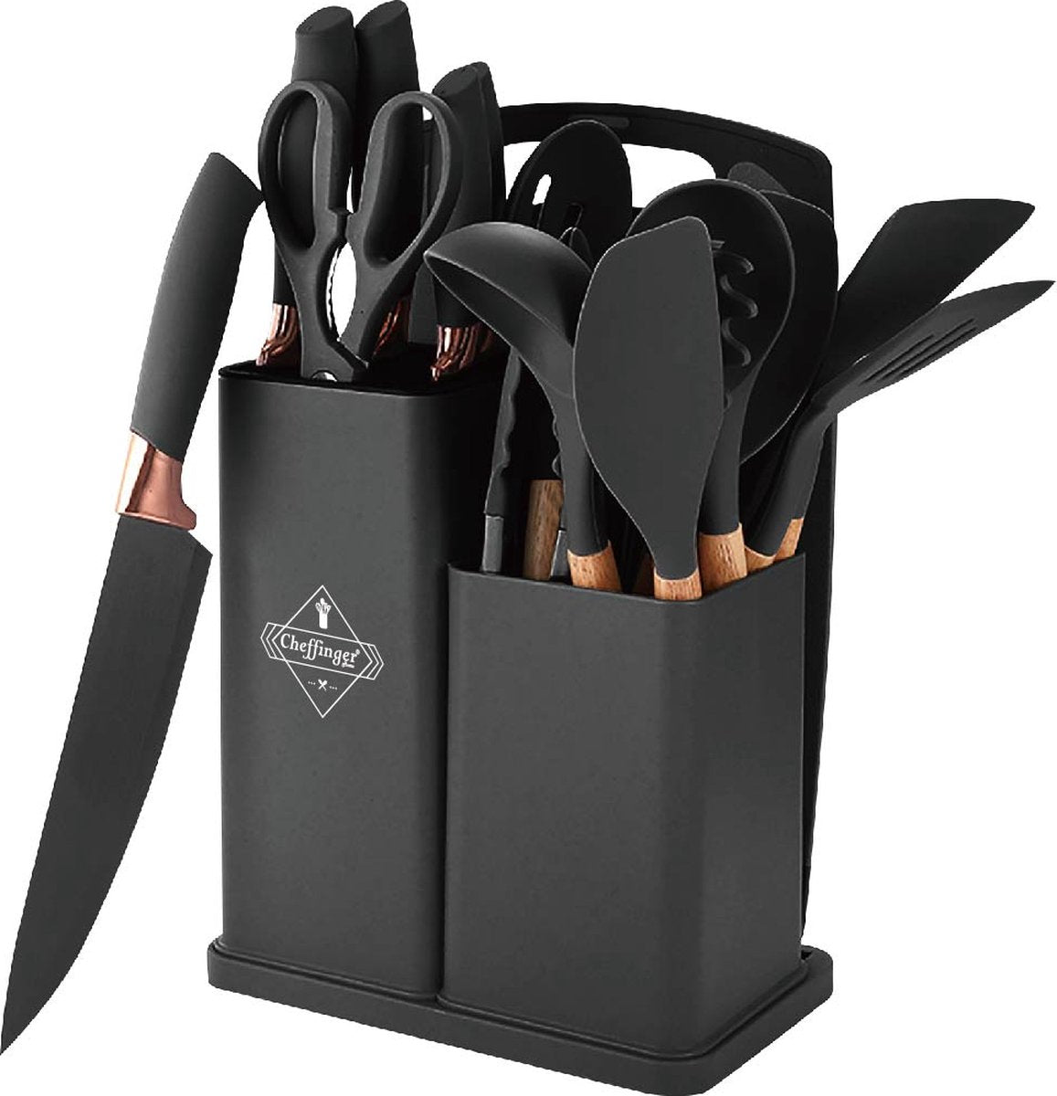 Cheffinger Messenset & Keukengerei Set met Houder - 19-delig - Zwart