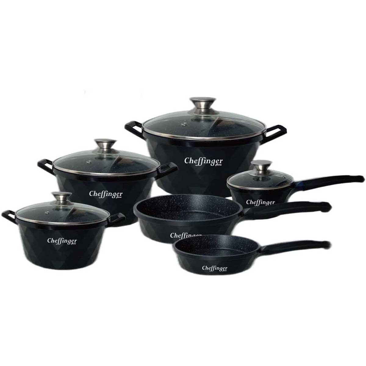 Cheffinger Pannenset - 12-delig - Zwart - Inductie - Met Glazen Deksels