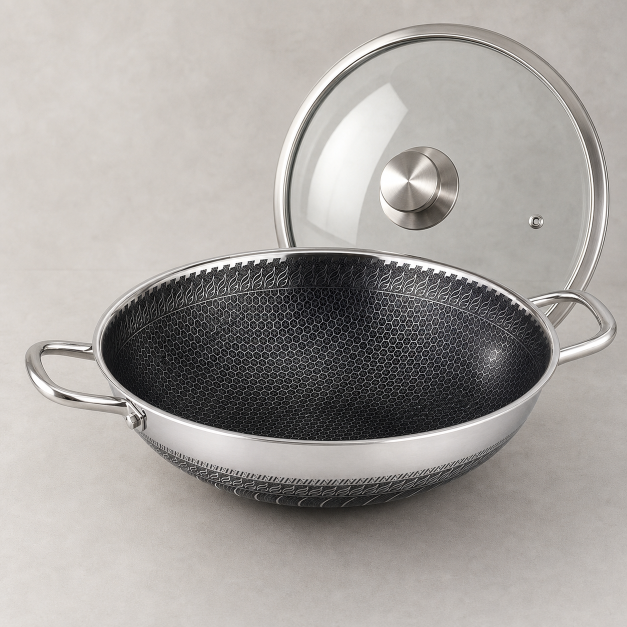 Cheffinger Wokpan met Deksel - 36cm - RVS - Honingraat - Inductie