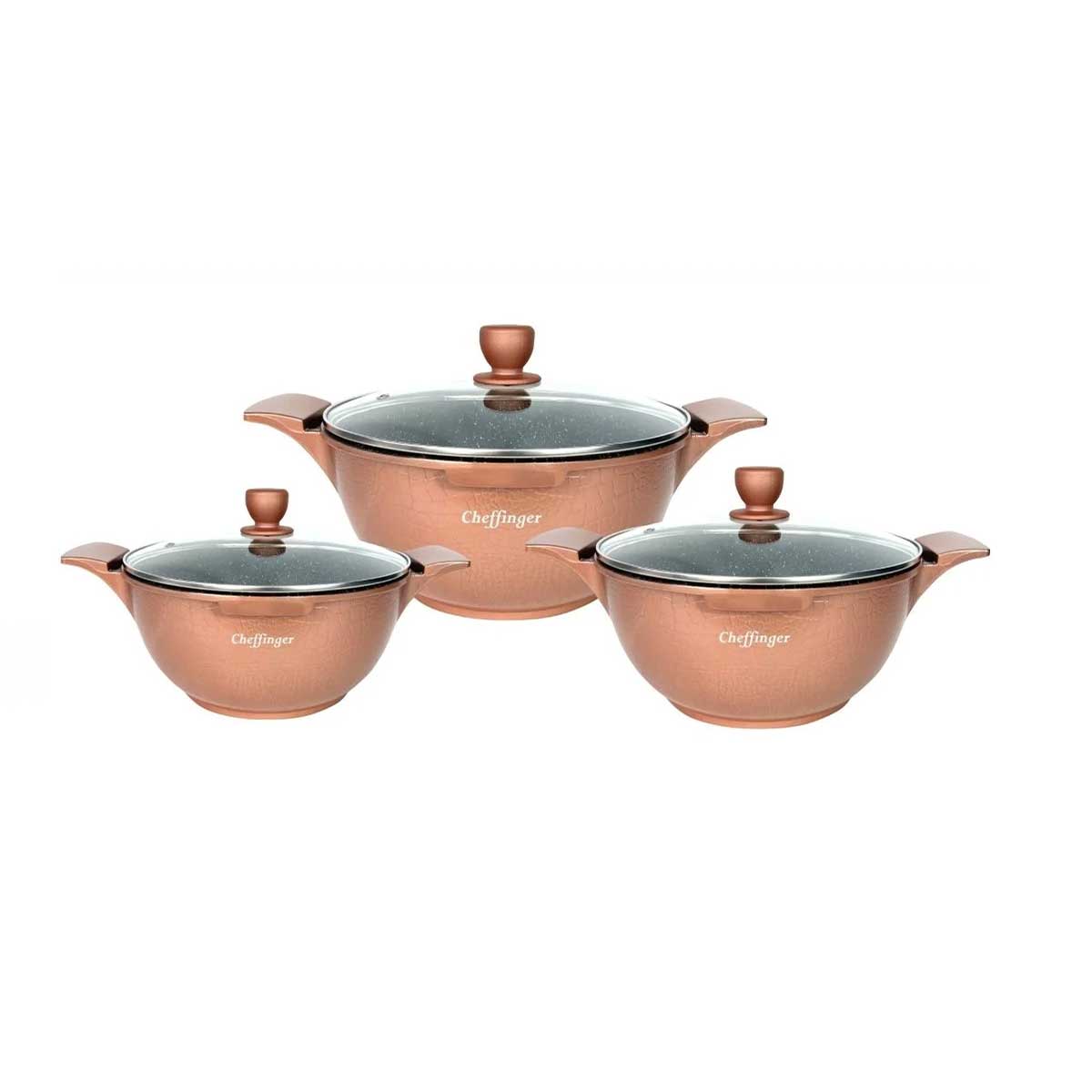 Cheffinger Pannenset - Crocodile Line - 6-delig - 20, 24 & 28cm - Koper