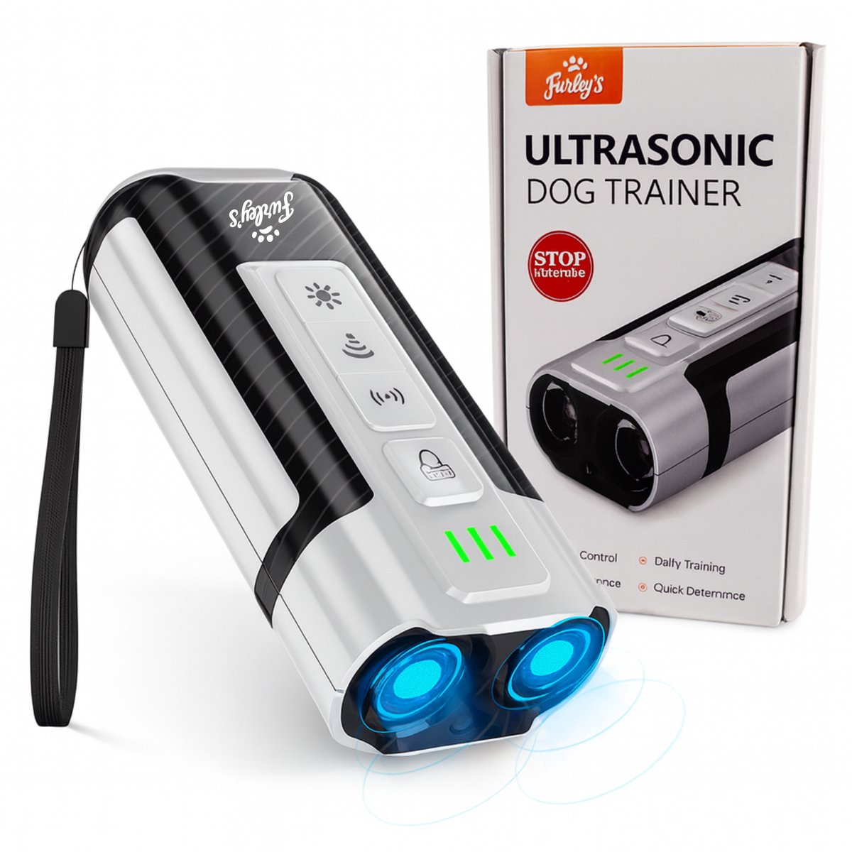 Furley’s Anti Blaf Apparaat - Diervriendelijk Alternatief voor Anti Blafband - 4-in-1 Ultrasoon Hondentrainer - Zonder Schok - Geluid, Ultrasoon & LED - USB-C Oplaadbaar - Voor Kleine & Grote Honden - Bereik 7m