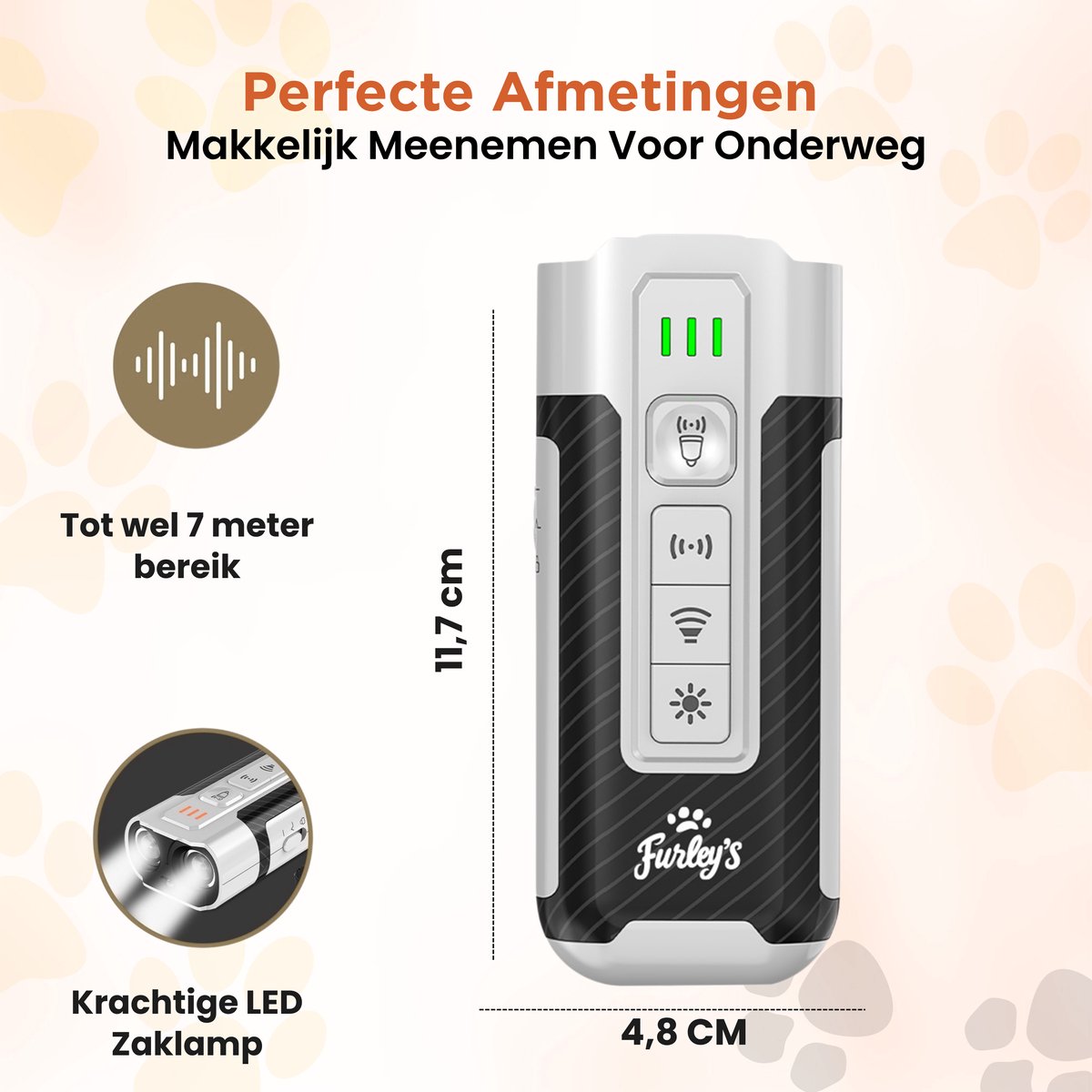 Furley’s Anti Blaf Apparaat - Diervriendelijk Alternatief voor Anti Blafband - 4-in-1 Ultrasoon Hondentrainer - Zonder Schok - Geluid, Ultrasoon & LED - USB-C Oplaadbaar - Voor Kleine & Grote Honden - Bereik 7m
