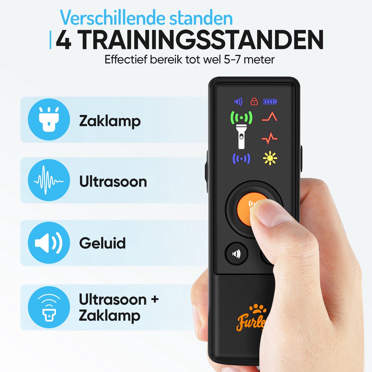 Furley’s Anti Blaf Apparaat PRO - Diervriendelijke Hondentrainer zonder Schok - 4-in-1 Ultrasoon, Geluid & LED - USB-C Oplaadbaar - Voor Kleine & Grote Honden - Bereik 7m
